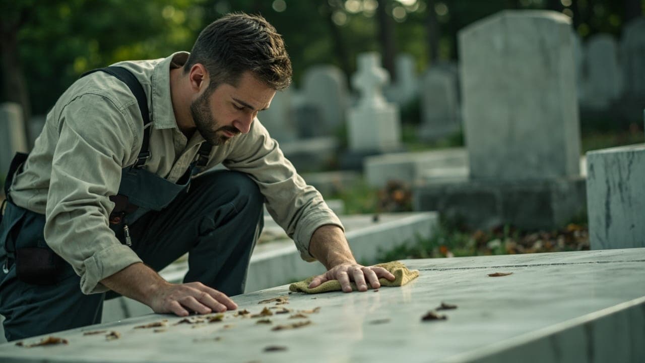 Profissional a limpar e a cuidar de uma campa