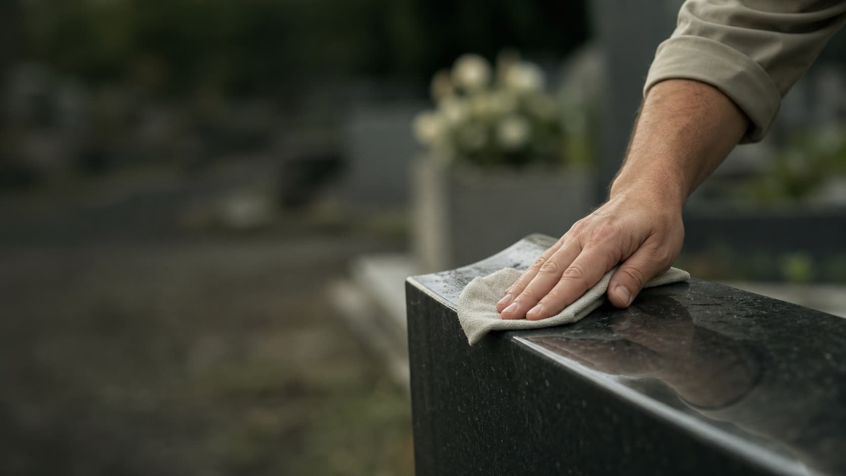 Mano limpiando cuidadosamente una lápida de granito
