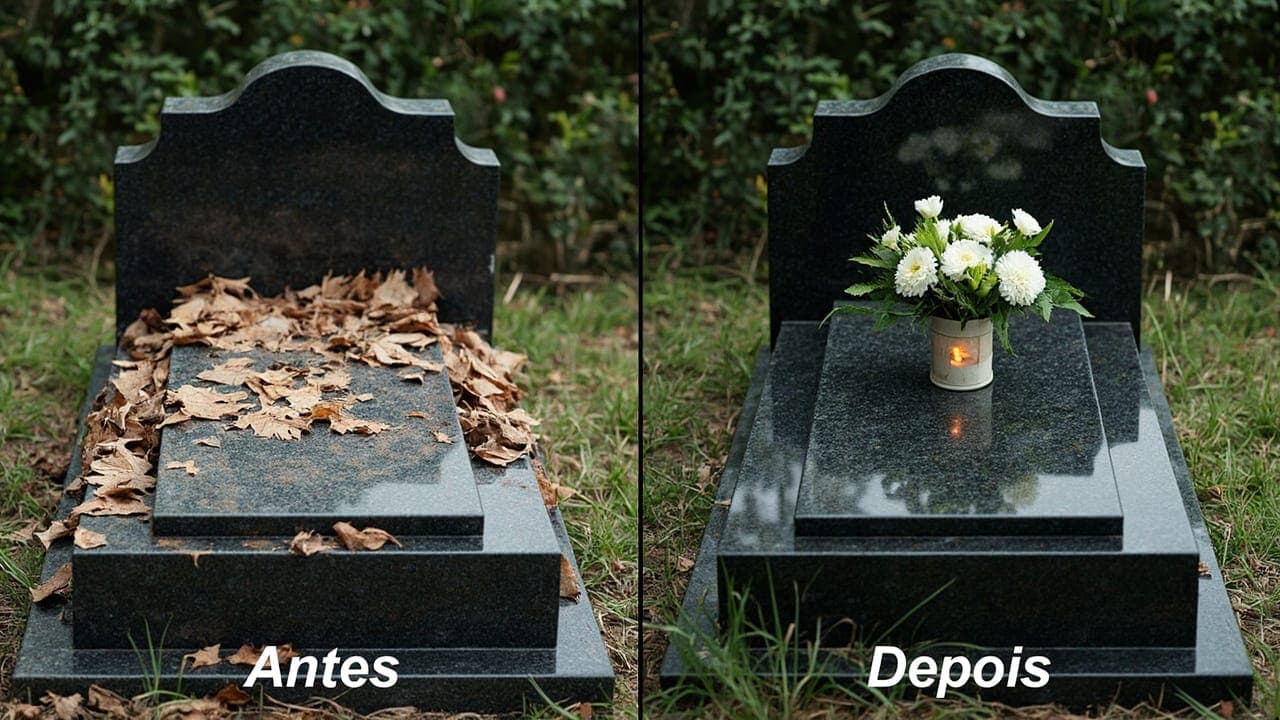 Comparação visual entre uma campa sem serviço e uma campa cuidada com flores e vela