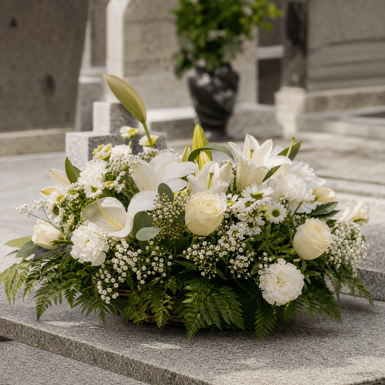 Arranjo de flores claras para homenagem serena