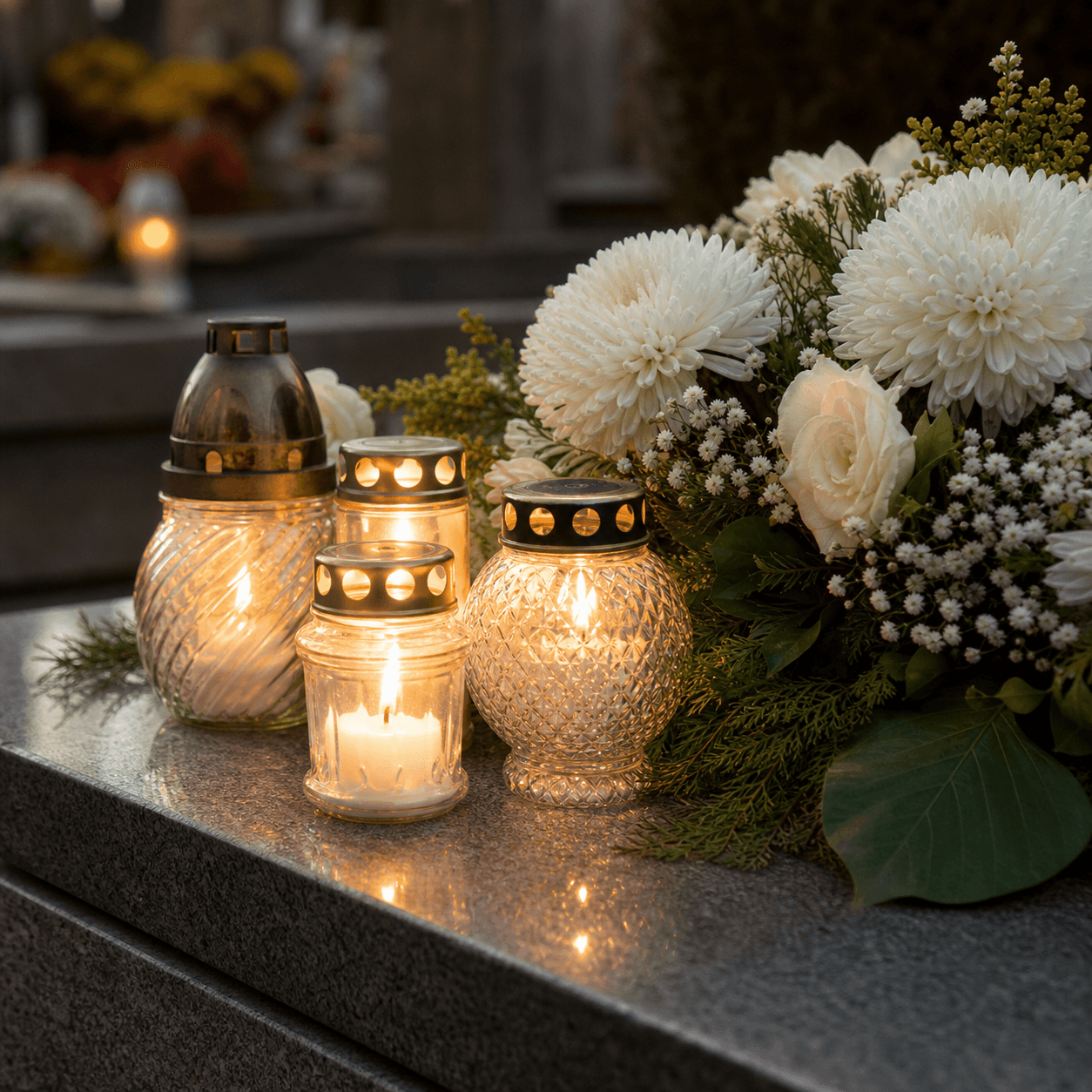 Flores e vela para homenagem no Dia de Todos os Santos